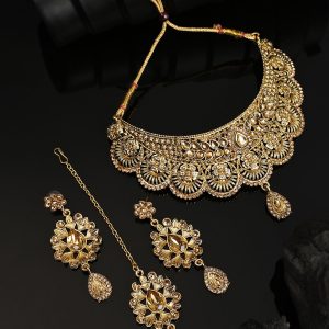 Designer Gold Plated Traditional Matte Finish Necklace with Earring Maangtika