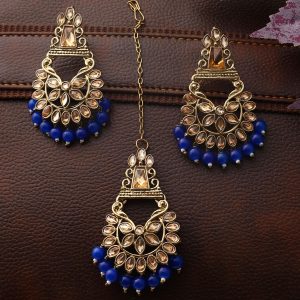 Gold-Plated Blue & Beige Kundan Stone Studded & Beaded Maang Tika & Earring Set