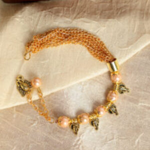 Stylish Gold Plated Pearl Link And Charm Adjustable Bracelet